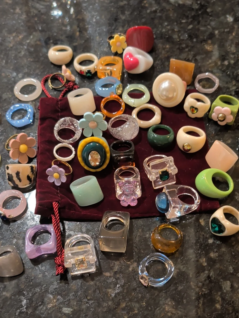 Assorted 51  Resin Acrylic Fashion Rings Colorful Flower and Gem Styles SZ 6 & 7